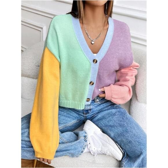 Women’s Colorful Cropped V-Neck Cardigan 70s Style Fall Knit Sweater Coat - Picture 4 of 7